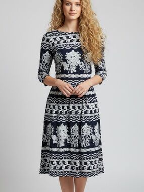 TRULLI- ANN TAYLOR Chic Navy and White Patterned Midi Dress
